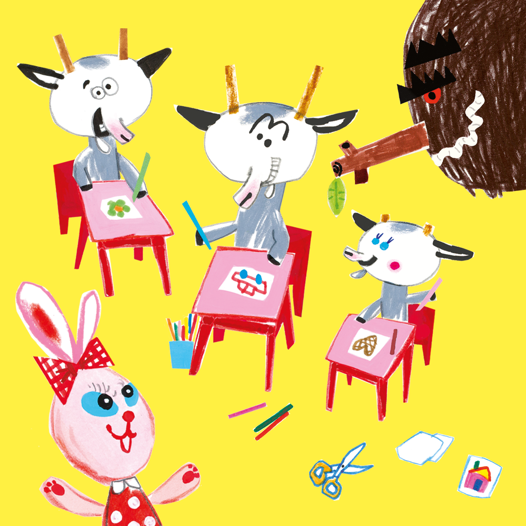 Illustrasjon av de tre Bukkene Bruse, trollet og Harianne