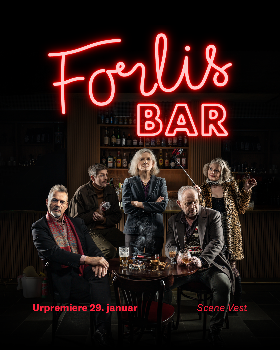 Fem personer i en bar 