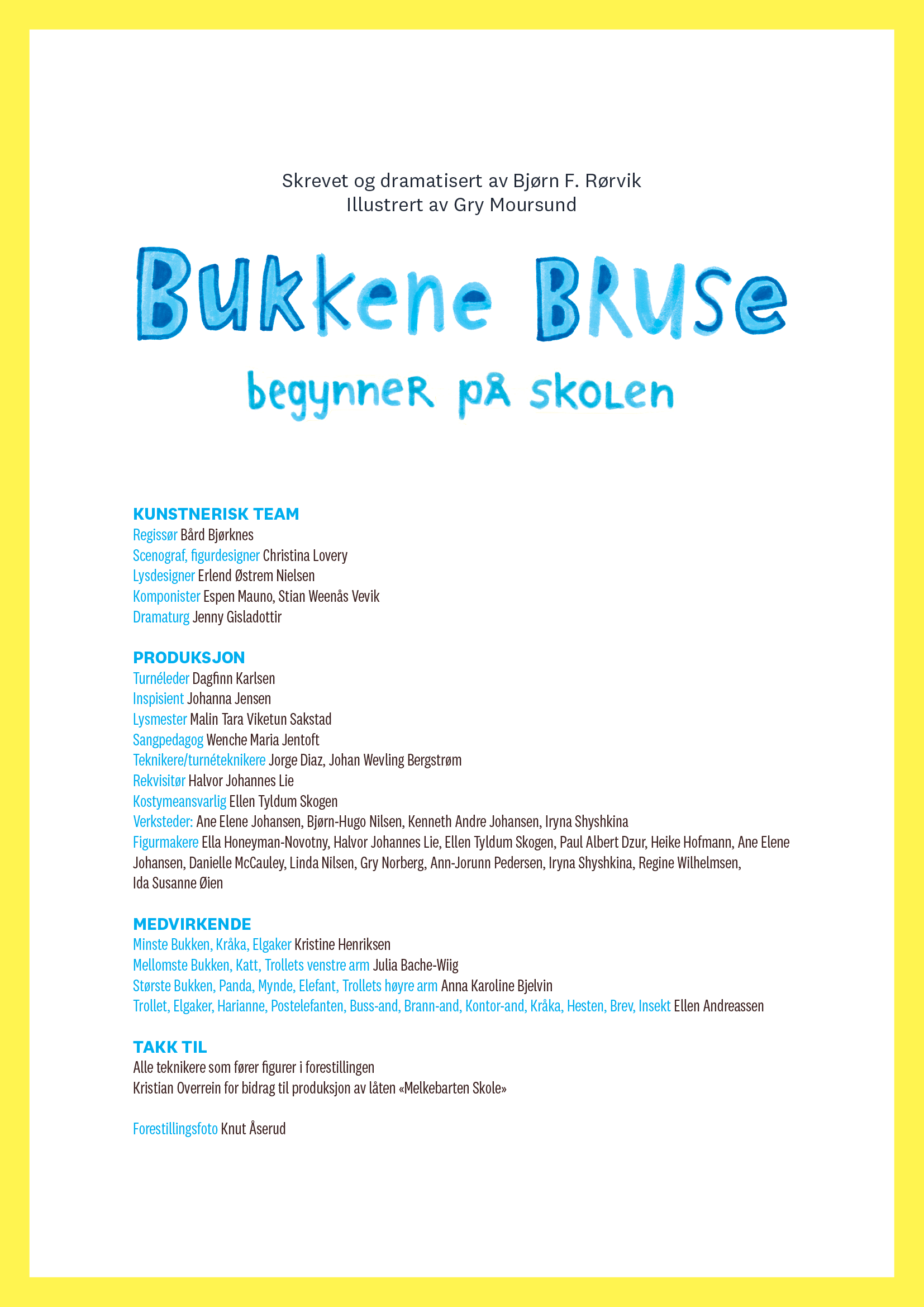 Krediteringsliste Bukkene Bruse begynner på skolen. Se under for link til pdf. 