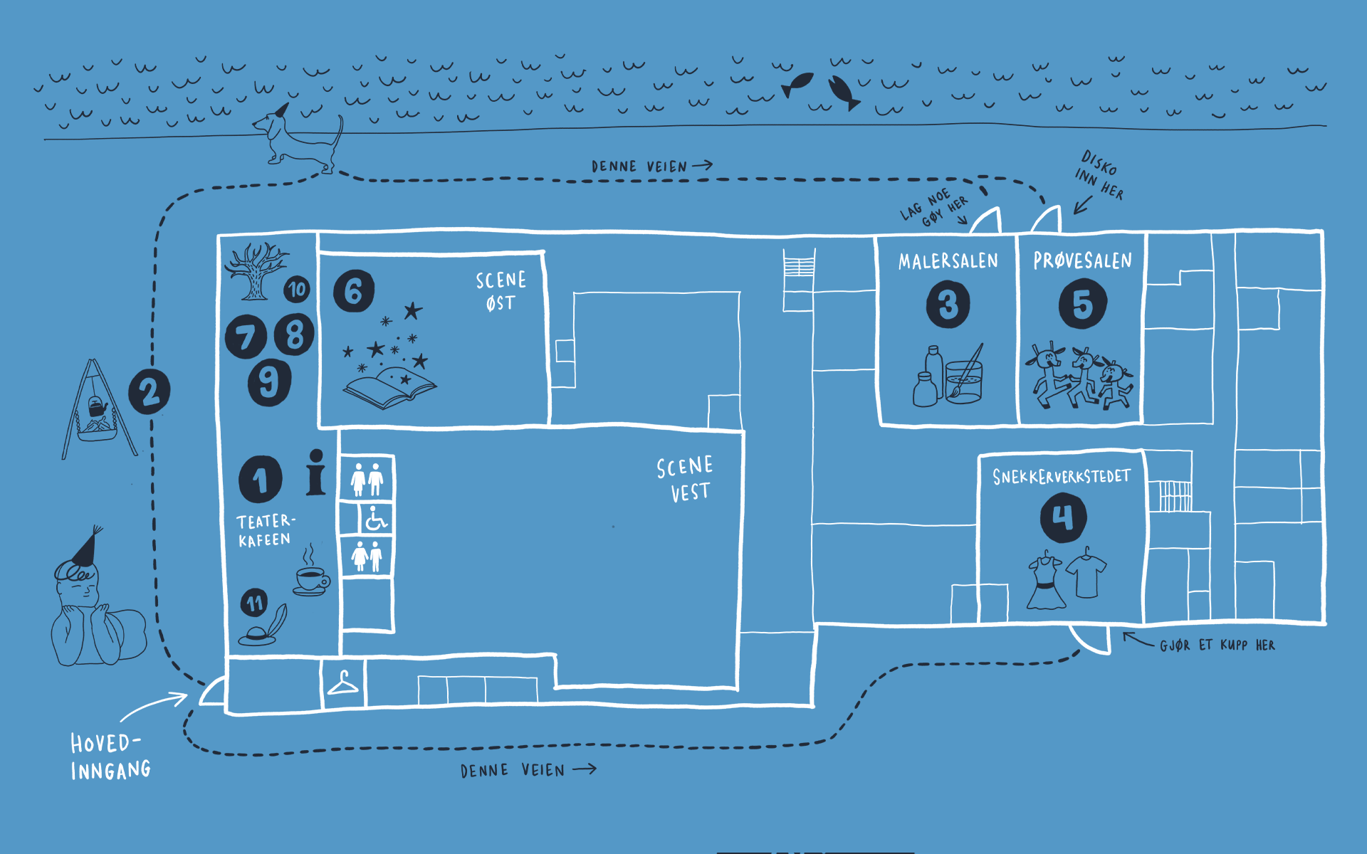 Kart som viser hvor alle aktivitetene befinner seg på bygget vårt.